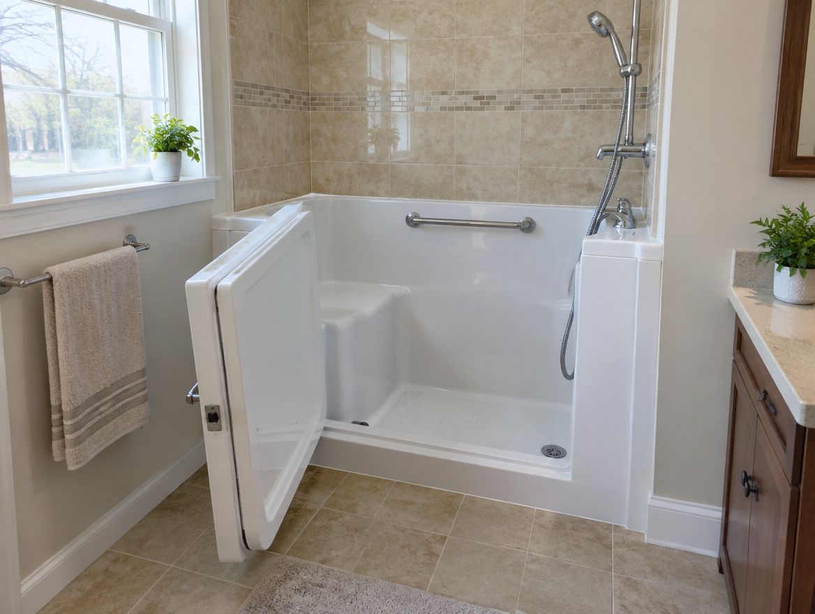 A walk-in bathtub with its low side door open in a home bathroom