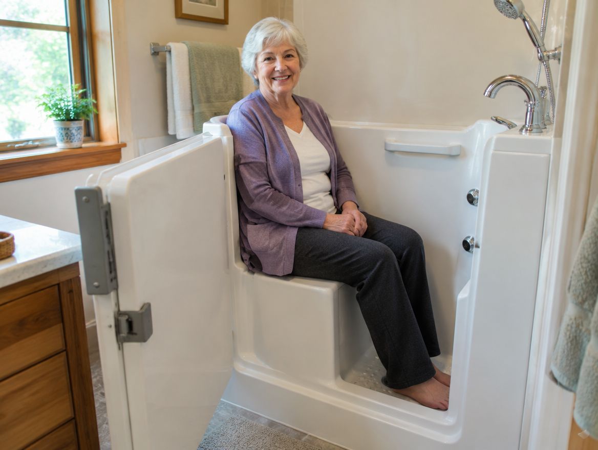 A woman sitting on the built-in seat of a walk-in tub