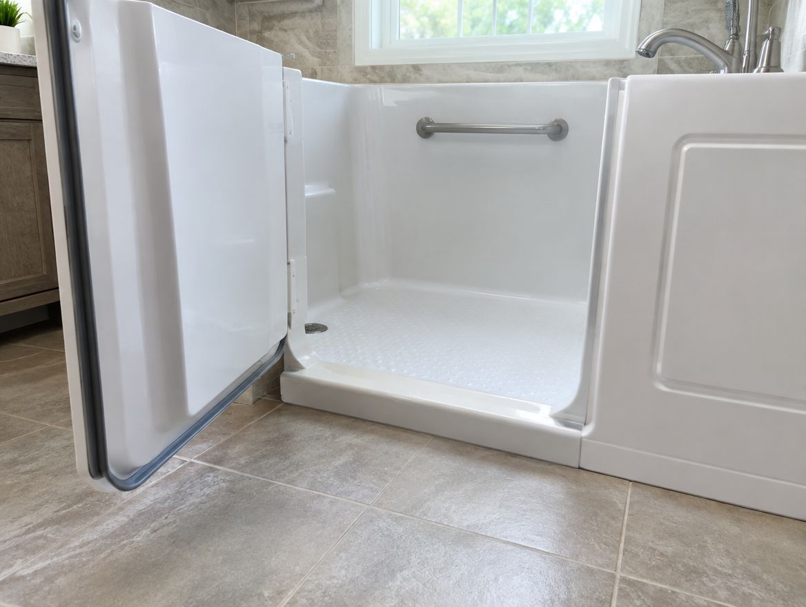 Close-up of the low step-in threshold of a walk-in tub